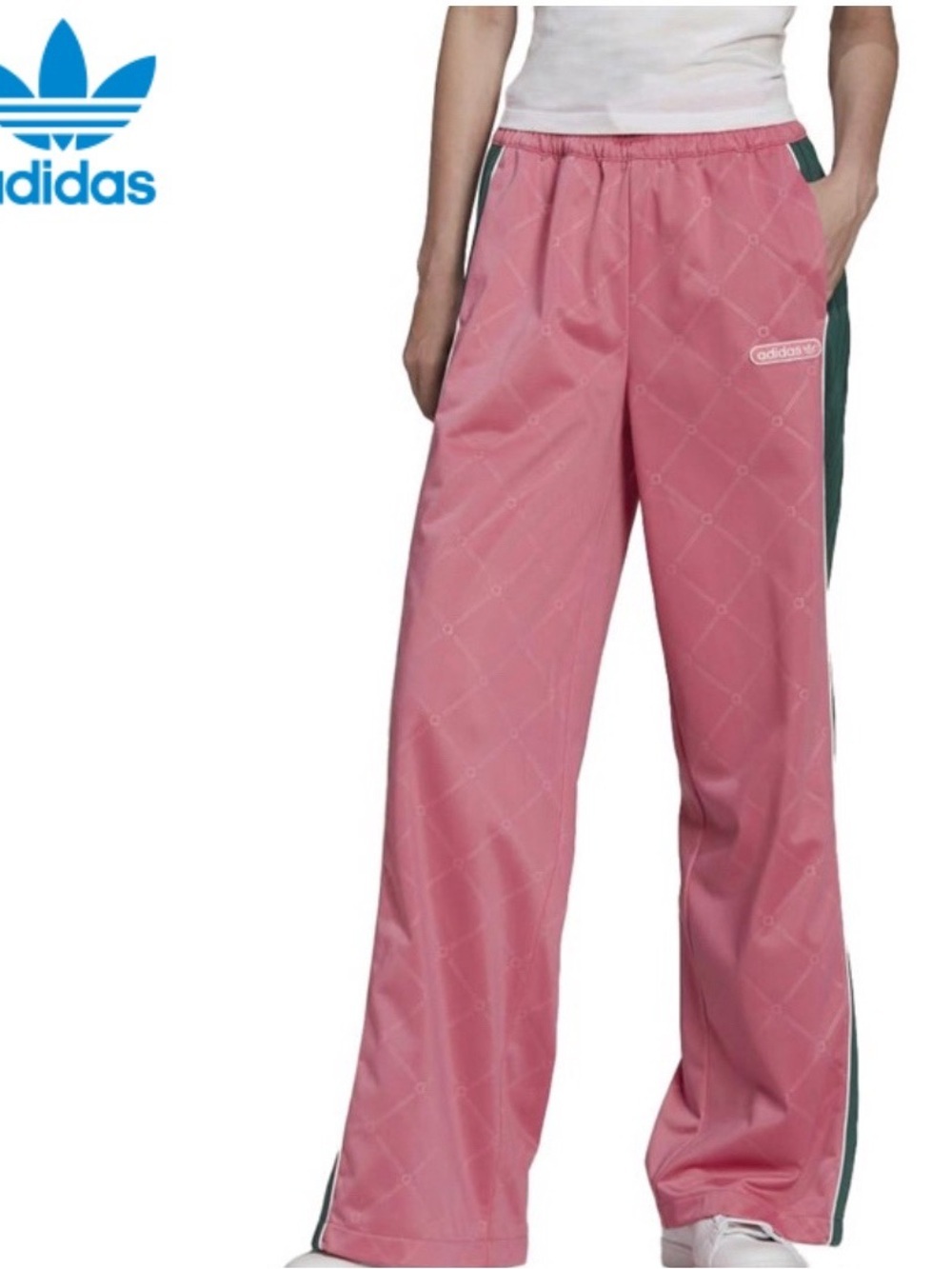 adidas Pink Wide Leg Track Pants with Green Side Panels